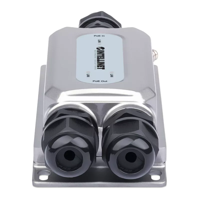 Intellinet 2-portowy zewnętrzny wandaloodporny gigabitowy przedłużacz PoE++, dwa porty 30 W, przedłuża PoE do 100 m, budżet mocy 60 W, zgodny z IEEE 802.3bt (4PPoE), wodoodporny IP67, klasa IK10, obudowa metalowa