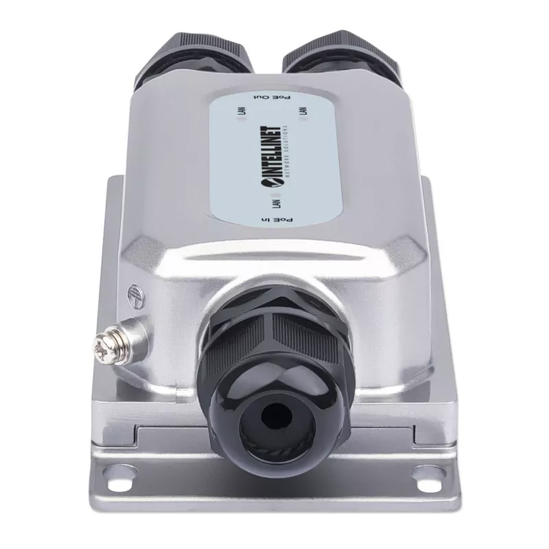 Intellinet 2-portowy zewnętrzny wandaloodporny gigabitowy przedłużacz PoE++, dwa porty 30 W, przedłuża PoE do 100 m, budżet mocy 60 W, zgodny z IEEE 802.3bt (4PPoE), wodoodporny IP67, klasa IK10, obudowa metalowa