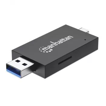 USB-A / USB-C combo Multi-Card Reader/Writer Manhattan, 5 Gb/s (USB 3.2 Gen1 aka USB 3.0), męski do gniazd microSD i SD/MMC, format Mini, SuperSpeed USB, Windows lub Mac, czarny/przezroczysty, trzyletnia gwarancja