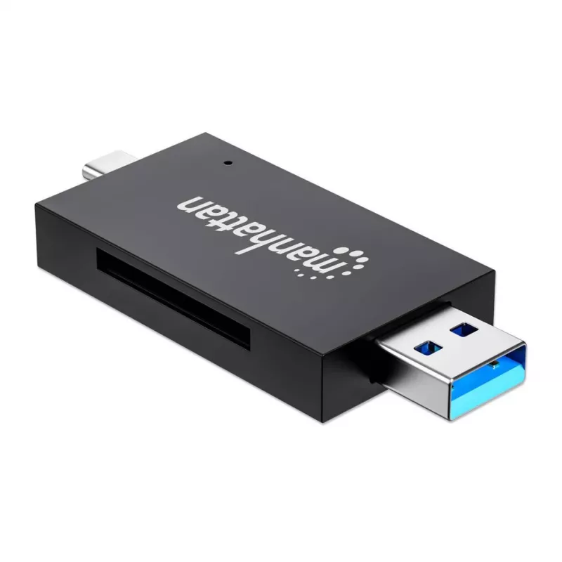 USB-A / USB-C combo Multi-Card Reader/Writer Manhattan, 5 Gb/s (USB 3.2 Gen1 aka USB 3.0), męski do gniazd microSD i SD/MMC, format Mini, SuperSpeed USB, Windows lub Mac, czarny/przezroczysty, trzyletnia gwarancja
