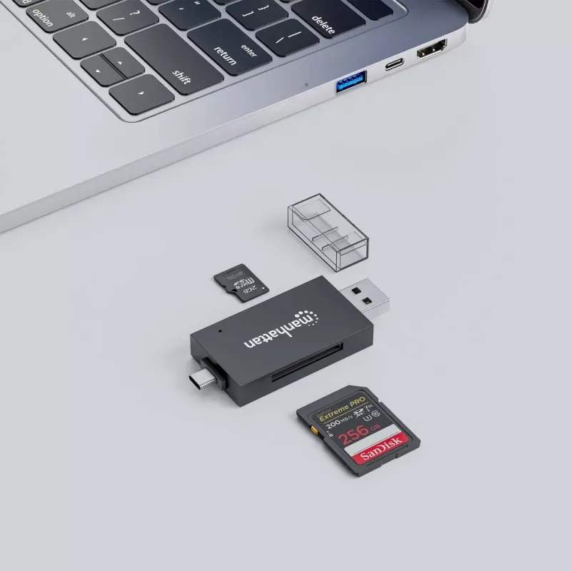 USB-A / USB-C combo Multi-Card Reader/Writer Manhattan, 5 Gb/s (USB 3.2 Gen1 aka USB 3.0), męski do gniazd microSD i SD/MMC, format Mini, SuperSpeed USB, Windows lub Mac, czarny/przezroczysty, trzyletnia gwarancja