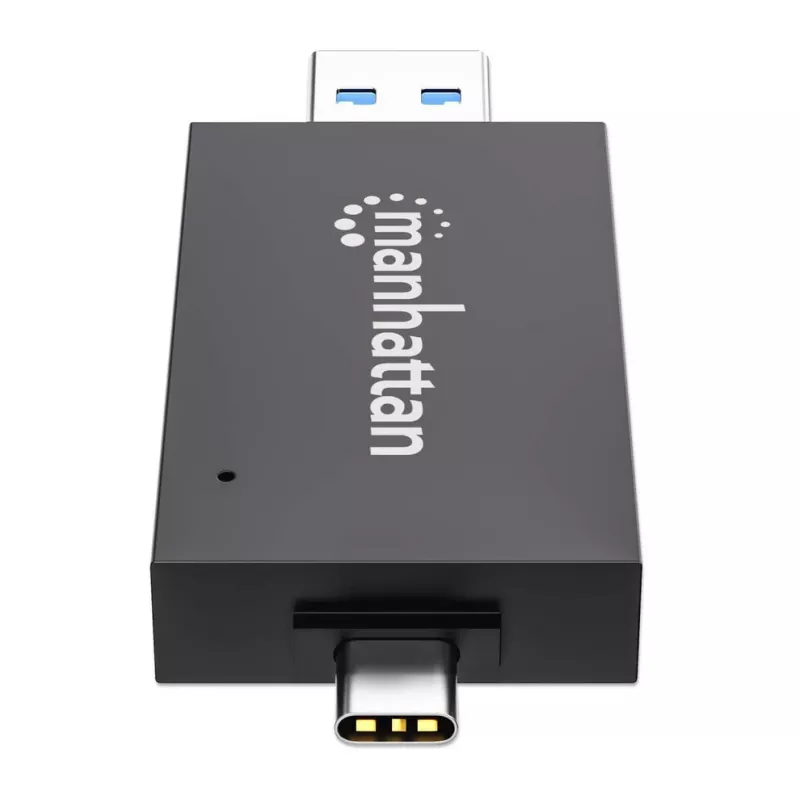 USB-A / USB-C combo Multi-Card Reader/Writer Manhattan, 5 Gb/s (USB 3.2 Gen1 aka USB 3.0), męski do gniazd microSD i SD/MMC, format Mini, SuperSpeed USB, Windows lub Mac, czarny/przezroczysty, trzyletnia gwarancja
