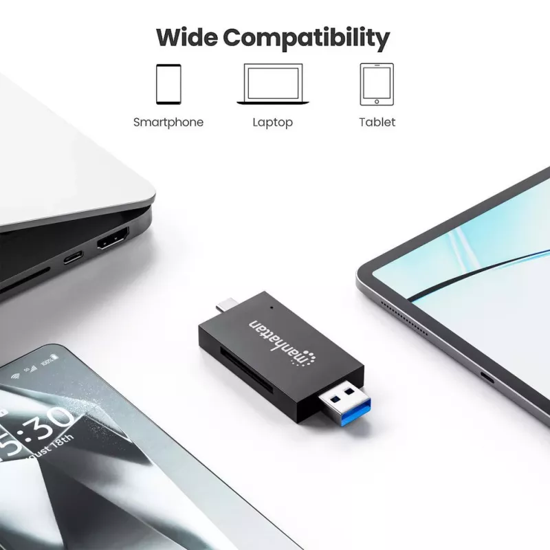 USB-A / USB-C combo Multi-Card Reader/Writer Manhattan, 5 Gb/s (USB 3.2 Gen1 aka USB 3.0), męski do gniazd microSD i SD/MMC, format Mini, SuperSpeed USB, Windows lub Mac, czarny/przezroczysty, trzyletnia gwarancja