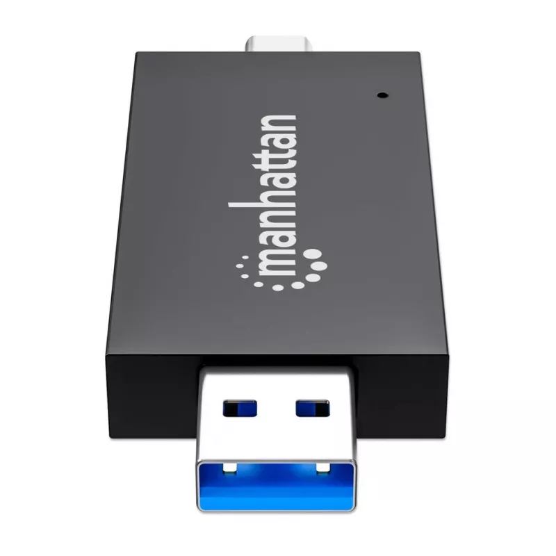 USB-A / USB-C combo Multi-Card Reader/Writer Manhattan, 5 Gb/s (USB 3.2 Gen1 aka USB 3.0), męski do gniazd microSD i SD/MMC, format Mini, SuperSpeed USB, Windows lub Mac, czarny/przezroczysty, trzyletnia gwarancja
