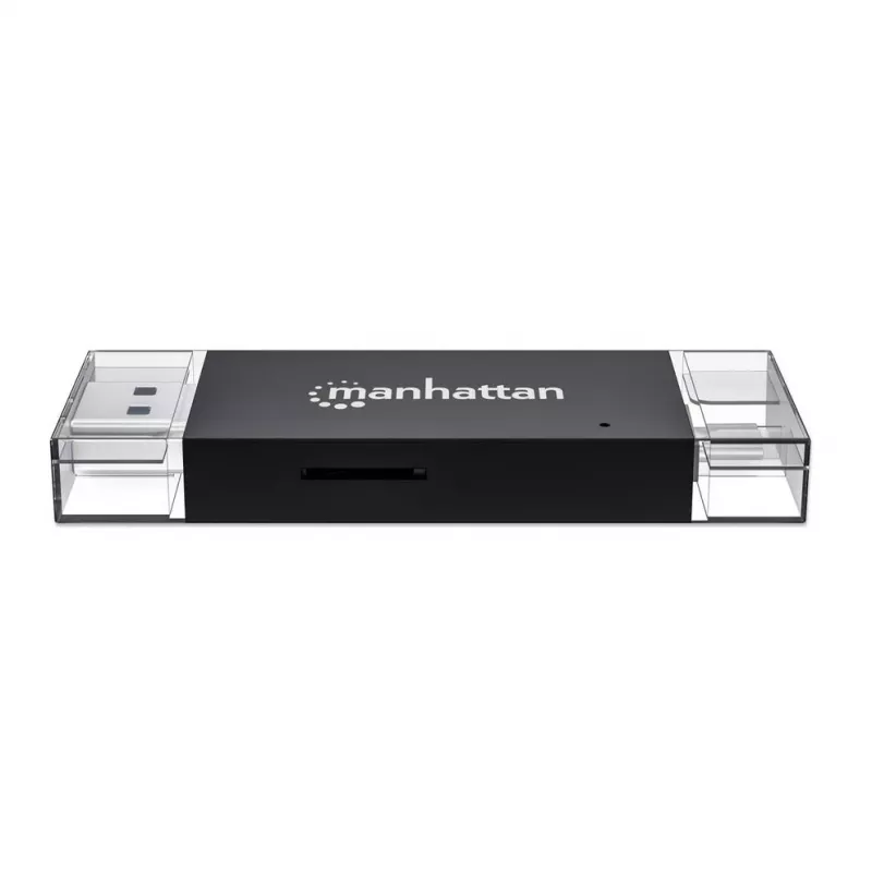 USB-A / USB-C combo Multi-Card Reader/Writer Manhattan, 5 Gb/s (USB 3.2 Gen1 aka USB 3.0), męski do gniazd microSD i SD/MMC, format Mini, SuperSpeed USB, Windows lub Mac, czarny/przezroczysty, trzyletnia gwarancja