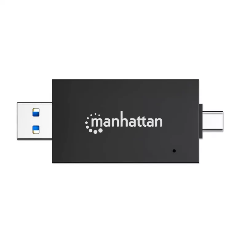 USB-A / USB-C combo Multi-Card Reader/Writer Manhattan, 5 Gb/s (USB 3.2 Gen1 aka USB 3.0), męski do gniazd microSD i SD/MMC, format Mini, SuperSpeed USB, Windows lub Mac, czarny/przezroczysty, trzyletnia gwarancja