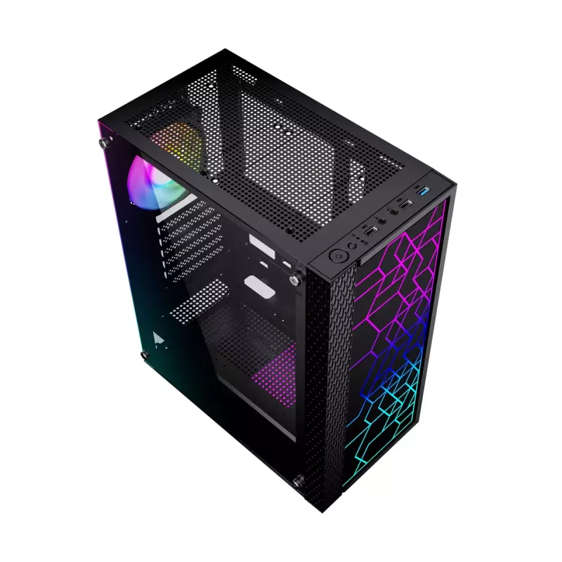 Obudowa PC GEMBIRD Fornax 2500 Midi Tower Czarna — wsparcie ATX/ITX, szkło hartowane, RGB, 3x120mm z przodu, 2 zatoki 2,5 cala