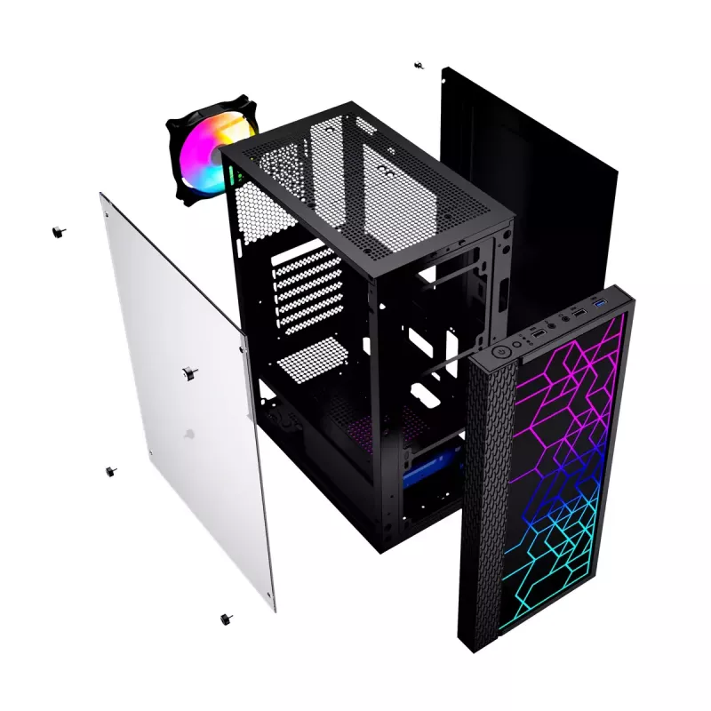 Obudowa PC GEMBIRD Fornax 2500 Midi Tower Czarna — wsparcie ATX/ITX, szkło hartowane, RGB, 3x120mm z przodu, 2 zatoki 2,5 cala