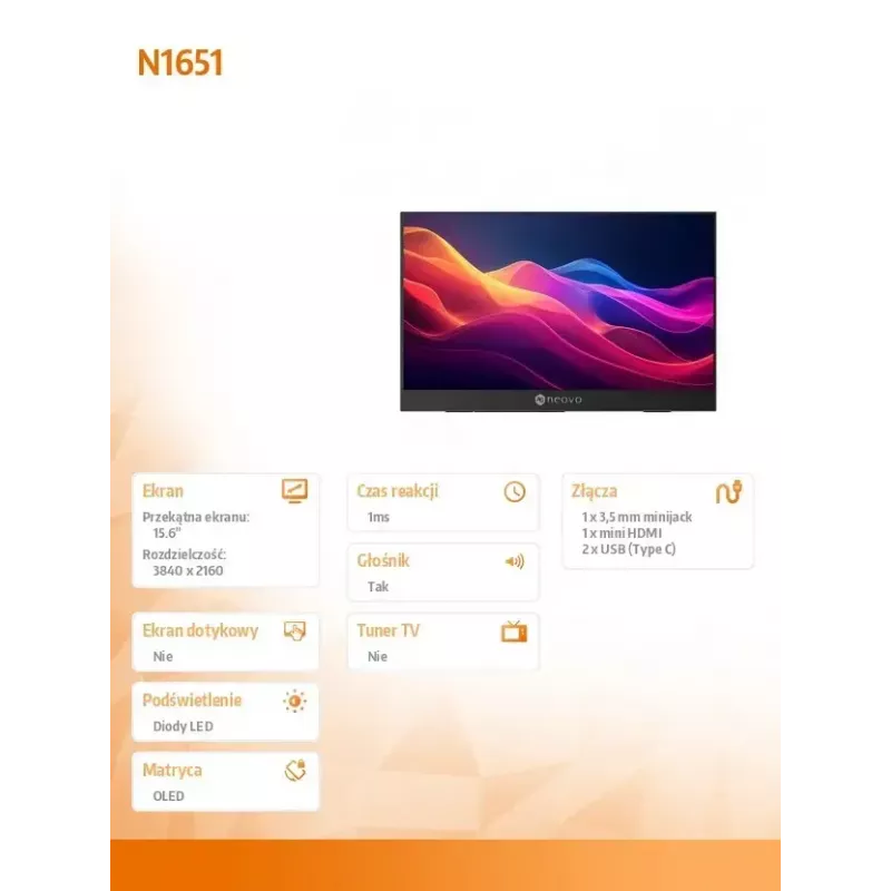 Monitor Neovo N1651 15 cali OLED 4K USB-C mHDMI 400n