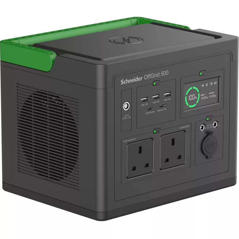 APC SE OffGrid Przenośna stacja zasilania 500 - bateria Li-Ion, LCD, 2x gniazda UK, 3x USB-A, 2x USB-C, 3x 12V, ładowarka bezprzewodowa