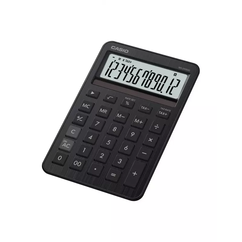 Kalkulator biurkowy CASIO MS-200DQ – podstawowy, 12-cyfrowy, bateryjno-słoneczny, funkcje podatkowe i zysku, czarny