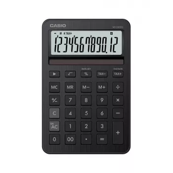 Kalkulator biurkowy CASIO MS-200DQ – podstawowy, 12-cyfrowy, bateryjno-słoneczny, funkcje podatkowe i zysku, czarny