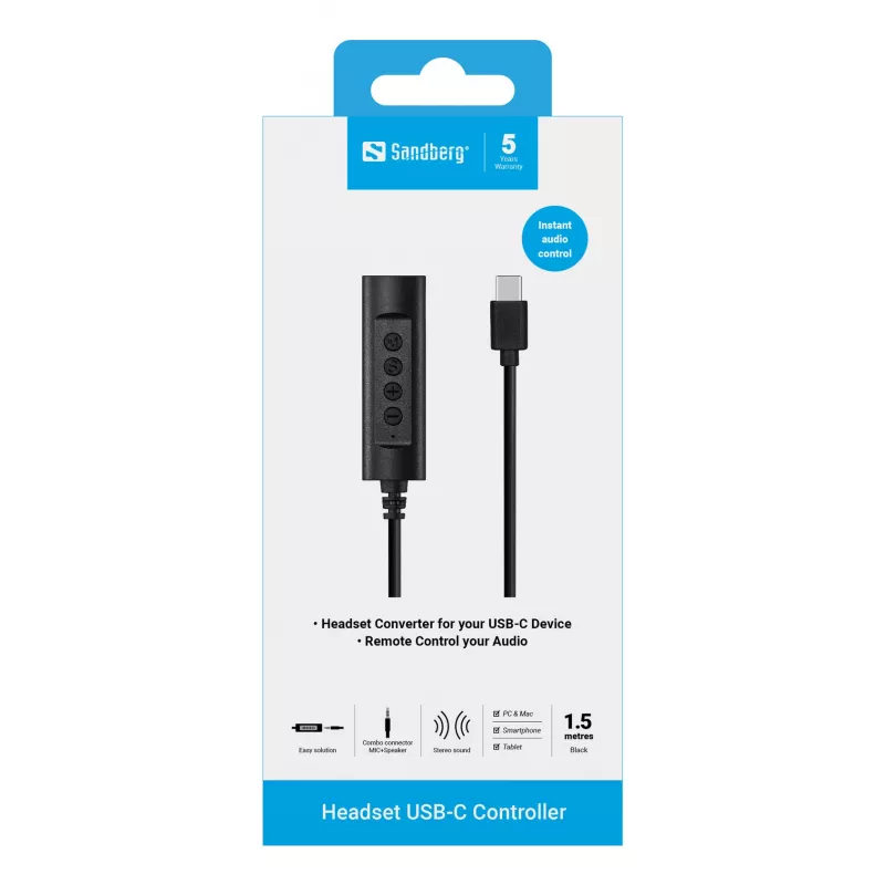 Zestaw słuchawkowy Sandberg USB-C Controller, 1,5 m, kontroler, 25 g, czarny