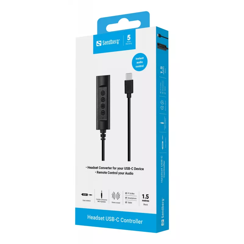 Zestaw słuchawkowy Sandberg USB-C Controller, 1,5 m, kontroler, 25 g, czarny