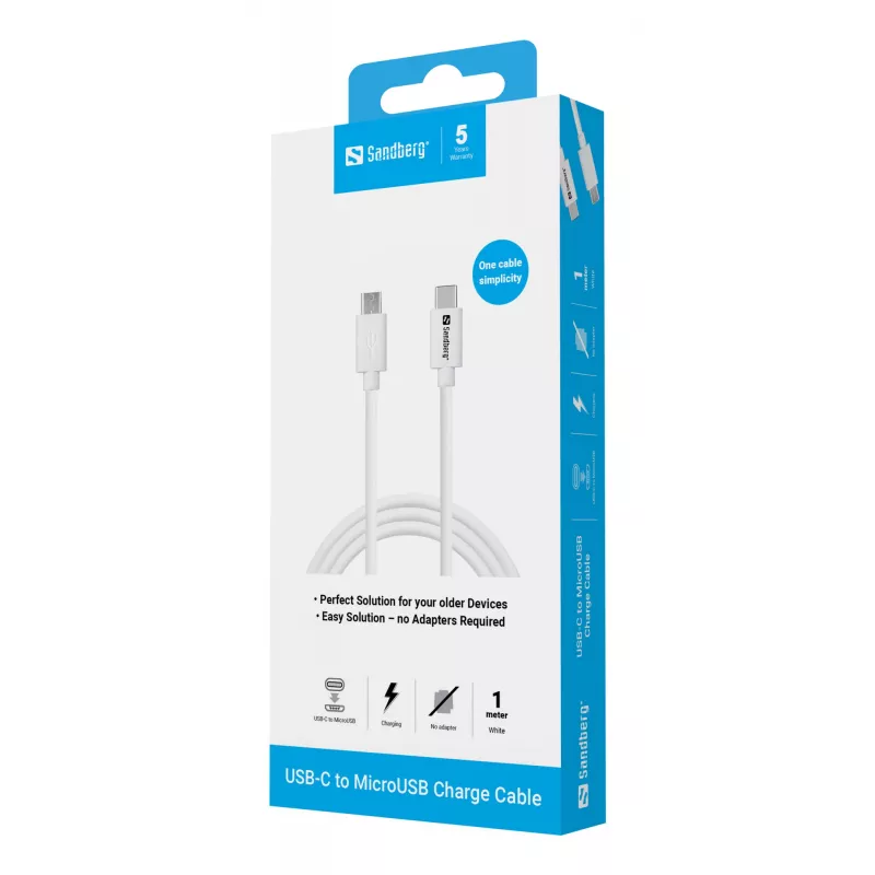 Kabel ładujący Sandberg USB-C > MicroUSB 1 m, 1 m, USB C, Micro-USB B, biały