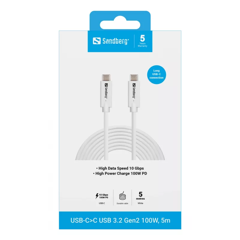 Kabel Sandberg USB-C>C USB 3.2 Gen2 100W, 5m