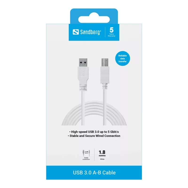 Kabel Sandberg USB 3.0 A-B 1,8 m, 1,8 m, USB A, USB B, USB 3.2 Gen 1 (3.1 Gen 1), 5 Gbit/s, Biały