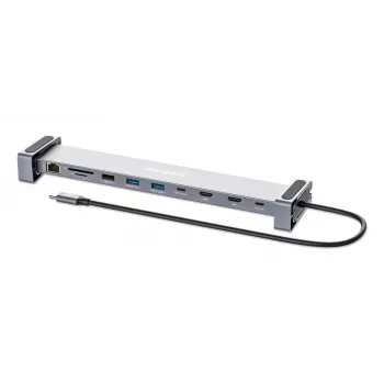 Manhattan Stacja dokująca/hub USB-C z czytnikiem kart i MST, porty (x7): Ethernet, HDMI (x2 4k@60Hz), USB-A (x3) i USB-C, z Power Delivery (PD) 100W - wymaga zewnętrznej ładowarki USB-C (nie dołączonej). Zasilana przez USB (nie wymaga zewnętrznego zasilacza), gdy PD nie jest używane