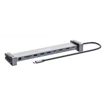Manhattan Stacja dokująca/hub USB-C z czytnikiem kart i MST, porty (x7): Ethernet, HDMI (x2 4k@60Hz), USB-A (x3) i USB-C, z Power Delivery (PD) 100W - wymaga zewnętrznej ładowarki USB-C (nie dołączonej). Zasilana przez USB (nie wymaga zewnętrznego zasilacza), gdy PD nie jest używane