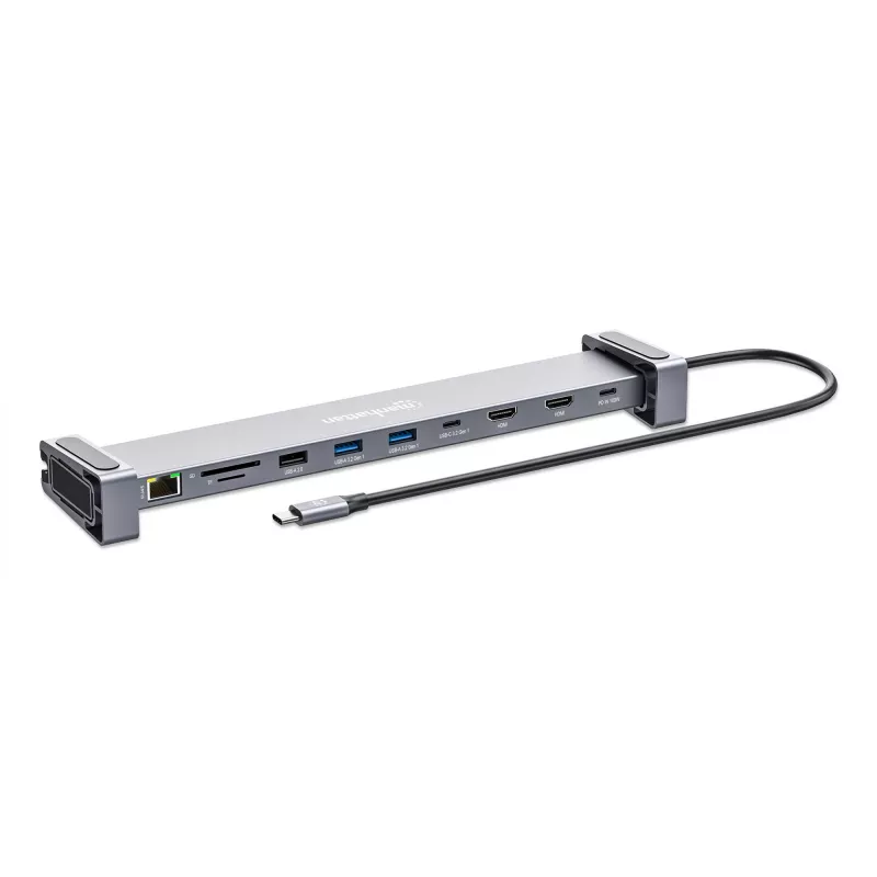 Manhattan Stacja dokująca/hub USB-C z czytnikiem kart i MST, porty (x7): Ethernet, HDMI (x2 4k@60Hz), USB-A (x3) i USB-C, z Power Delivery (PD) 100W - wymaga zewnętrznej ładowarki USB-C (nie dołączonej). Zasilana przez USB (nie wymaga zewnętrznego zasilacza), gdy PD nie jest używane