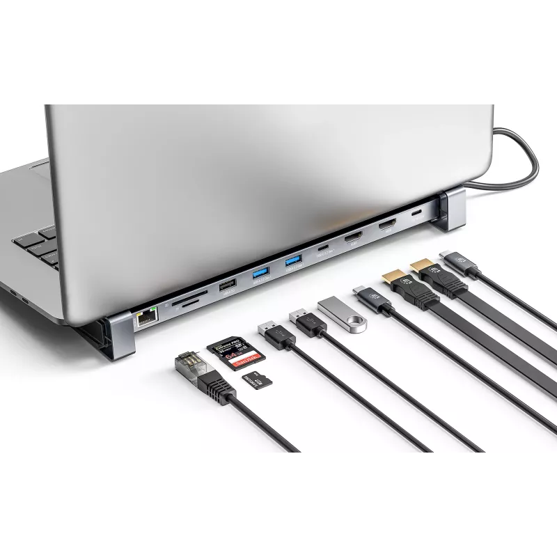 Manhattan Stacja dokująca/hub USB-C z czytnikiem kart i MST, porty (x7): Ethernet, HDMI (x2 4k@60Hz), USB-A (x3) i USB-C, z Power Delivery (PD) 100W - wymaga zewnętrznej ładowarki USB-C (nie dołączonej). Zasilana przez USB (nie wymaga zewnętrznego zasilacza), gdy PD nie jest używane