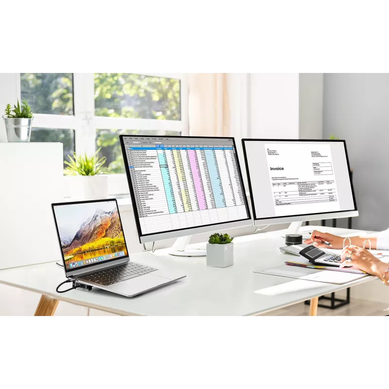 Manhattan Stacja dokująca/hub USB-C z czytnikiem kart i MST, porty (x7): Ethernet, HDMI (x2 4k@60Hz), USB-A (x3) i USB-C, z Power Delivery (PD) 100W - wymaga zewnętrznej ładowarki USB-C (nie dołączonej). Zasilana przez USB (nie wymaga zewnętrznego zasilacza), gdy PD nie jest używane