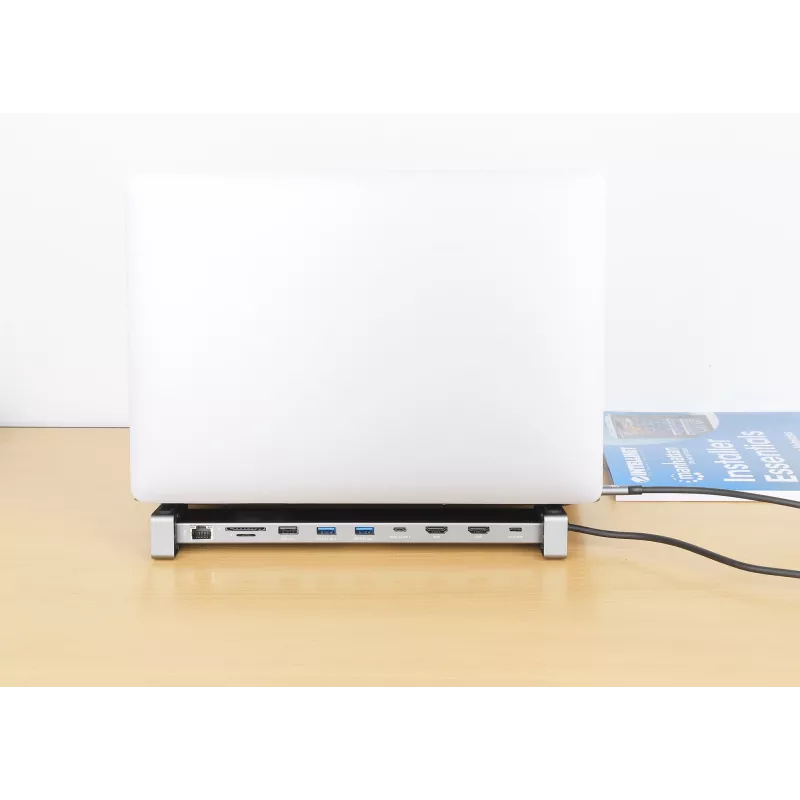 Manhattan Stacja dokująca/hub USB-C z czytnikiem kart i MST, porty (x7): Ethernet, HDMI (x2 4k@60Hz), USB-A (x3) i USB-C, z Power Delivery (PD) 100W - wymaga zewnętrznej ładowarki USB-C (nie dołączonej). Zasilana przez USB (nie wymaga zewnętrznego zasilacza), gdy PD nie jest używane