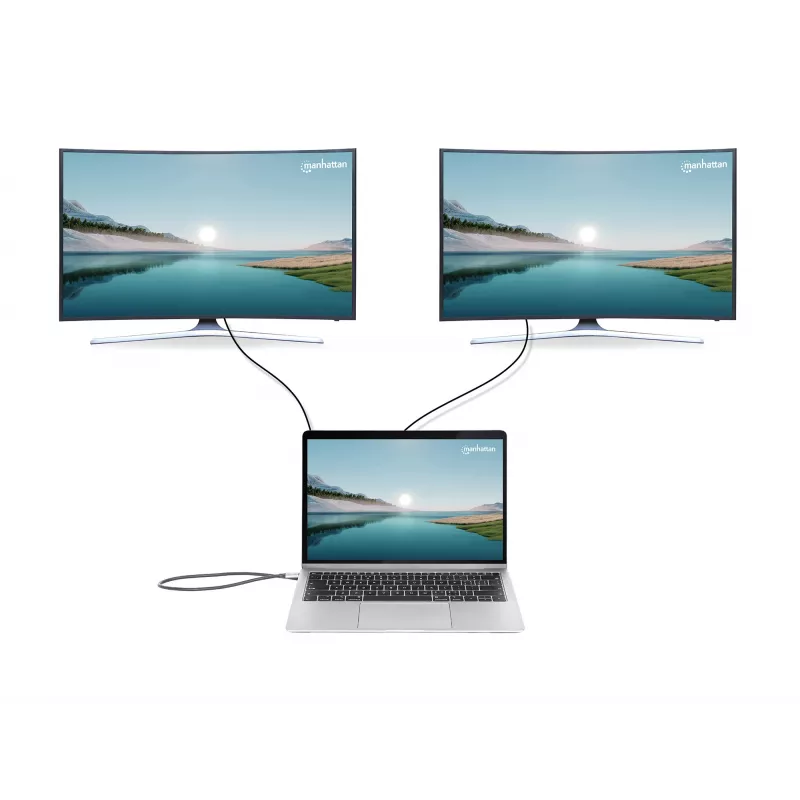 Manhattan Stacja dokująca/hub USB-C z czytnikiem kart i MST, porty (x7): Ethernet, HDMI (x2 4k@60Hz), USB-A (x3) i USB-C, z Power Delivery (PD) 100W - wymaga zewnętrznej ładowarki USB-C (nie dołączonej). Zasilana przez USB (nie wymaga zewnętrznego zasilacza), gdy PD nie jest używane