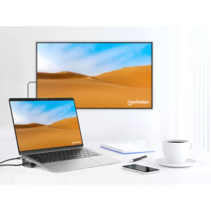 Manhattan Stacja dokująca/hub USB-C z czytnikiem kart i MST, porty (x7): Ethernet, HDMI (x2 4k@60Hz), USB-A (x3) i USB-C, z Power Delivery (PD) 100W - wymaga zewnętrznej ładowarki USB-C (nie dołączonej). Zasilana przez USB (nie wymaga zewnętrznego zasilacza), gdy PD nie jest używane