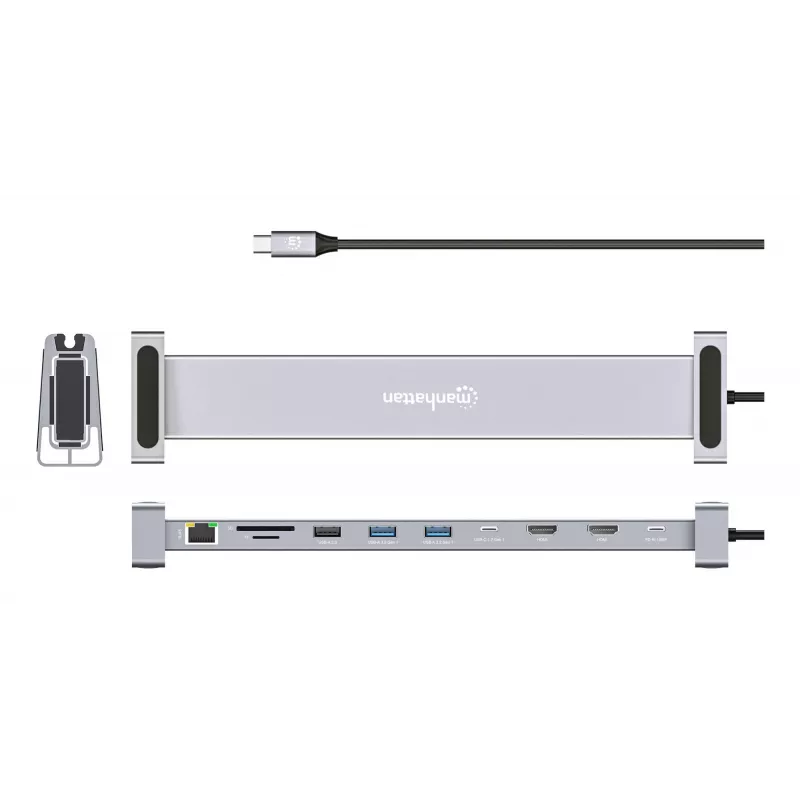 Manhattan Stacja dokująca/hub USB-C z czytnikiem kart i MST, porty (x7): Ethernet, HDMI (x2 4k@60Hz), USB-A (x3) i USB-C, z Power Delivery (PD) 100W - wymaga zewnętrznej ładowarki USB-C (nie dołączonej). Zasilana przez USB (nie wymaga zewnętrznego zasilacza), gdy PD nie jest używane
