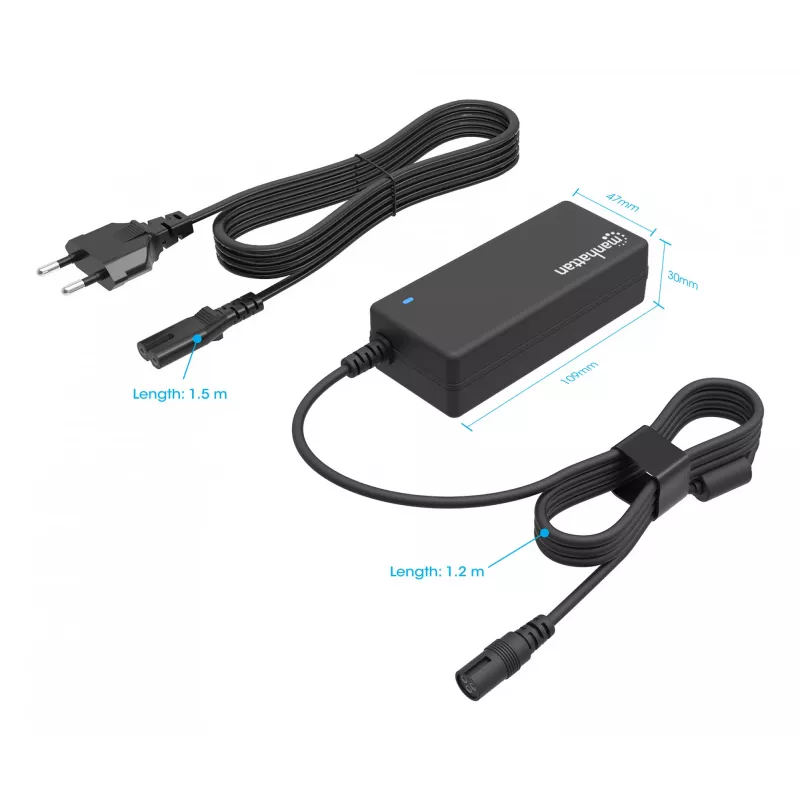 Manhattan Uniwersalny Zasilacz Sieciowy EU do Notebooków/Laptopów, 65W, Automatyczny z 9 Końcówkami Wtyczek, Kompatybilny z większością laptopów, Idealny jako Zamienny Zasilacz, Przewód Zasilający EU, Kompatybilny między innymi z: Acer, Asus, Dell, Fujitsu, HP, Lenovo, Samsung, Toshiba i wiele innych