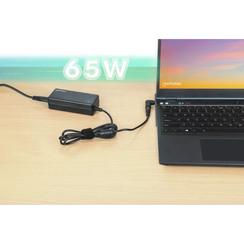 Manhattan Uniwersalny Zasilacz Sieciowy EU do Notebooków/Laptopów, 65W, Automatyczny z 9 Końcówkami Wtyczek, Kompatybilny z większością laptopów, Idealny jako Zamienny Zasilacz, Przewód Zasilający EU, Kompatybilny między innymi z: Acer, Asus, Dell, Fujitsu, HP, Lenovo, Samsung, Toshiba i wiele innych