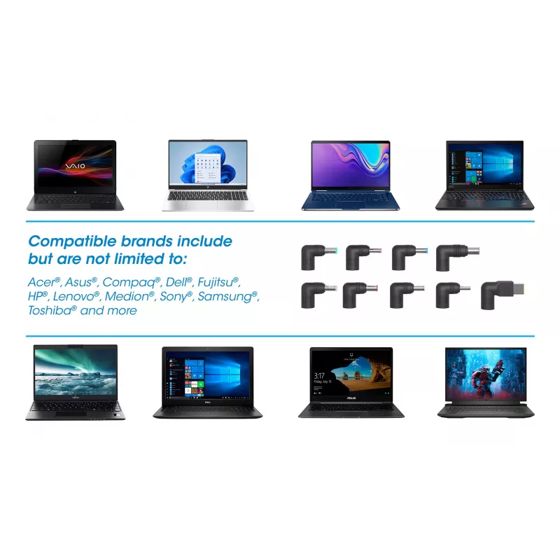 Manhattan Uniwersalny Zasilacz Sieciowy EU do Notebooków/Laptopów, 65W, Automatyczny z 9 Końcówkami Wtyczek, Kompatybilny z większością laptopów, Idealny jako Zamienny Zasilacz, Przewód Zasilający EU, Kompatybilny między innymi z: Acer, Asus, Dell, Fujitsu, HP, Lenovo, Samsung, Toshiba i wiele innych