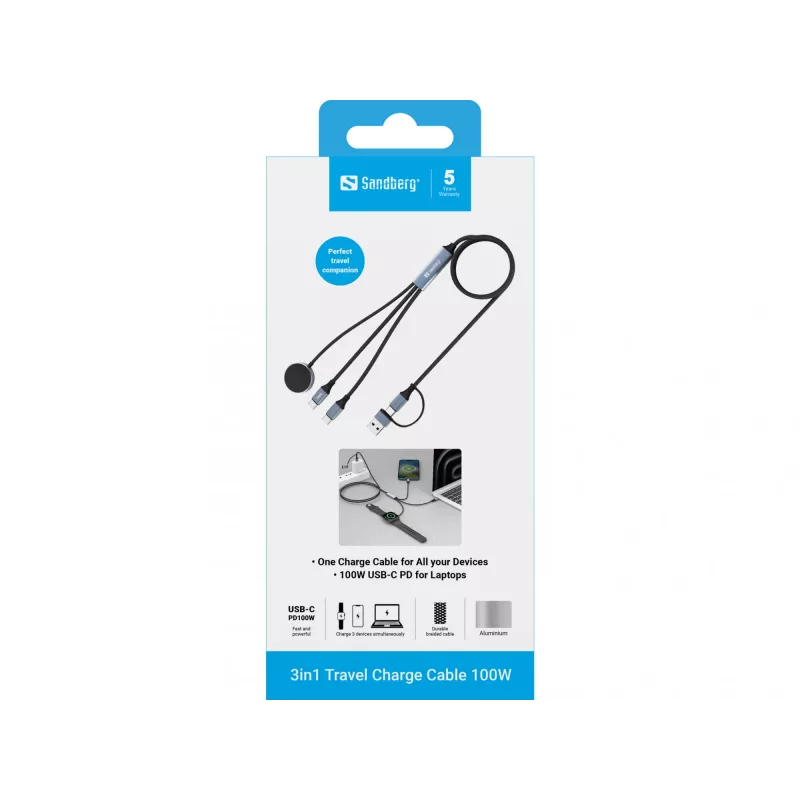 Sandberg 3in1 Travel Charge kabel 100W, 1,2 m, USB A/USB C, czarny