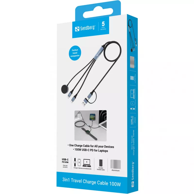 Sandberg 3in1 Travel Charge kabel 100W, 1,2 m, USB A/USB C, czarny
