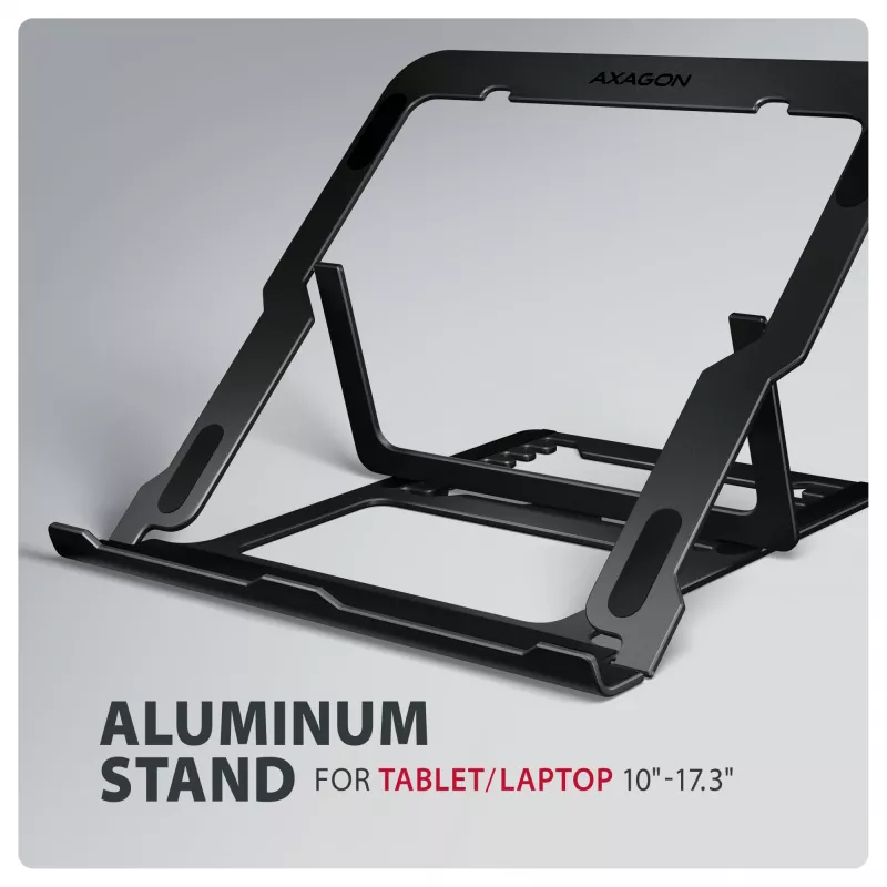 Axagon STND-LAB Aluminiowa podstawa pod laptop 10 inch–17,3 inch. Osiem regulowanych wysokości i kątów nachylenia. Wersja czarna.