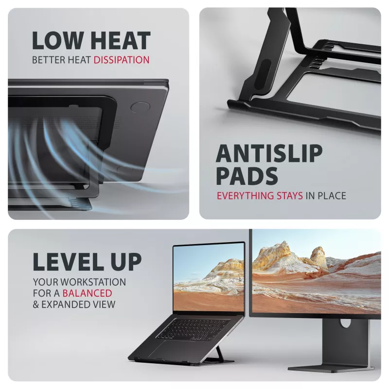 Axagon STND-LAB Aluminiowa podstawa pod laptop 10 inch–17,3 inch. Osiem regulowanych wysokości i kątów nachylenia. Wersja czarna.