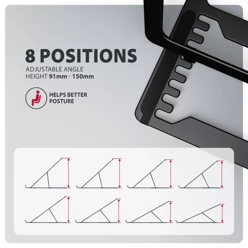 Axagon STND-LAB Aluminiowa podstawa pod laptop 10 inch–17,3 inch. Osiem regulowanych wysokości i kątów nachylenia. Wersja czarna.