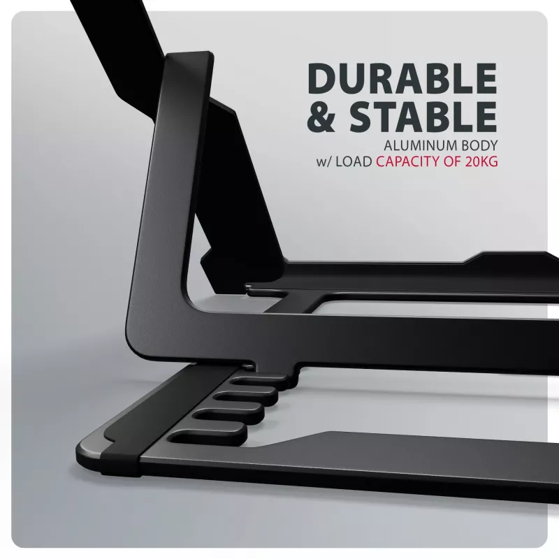 Axagon STND-LAB Aluminiowa podstawa pod laptop 10 inch–17,3 inch. Osiem regulowanych wysokości i kątów nachylenia. Wersja czarna.