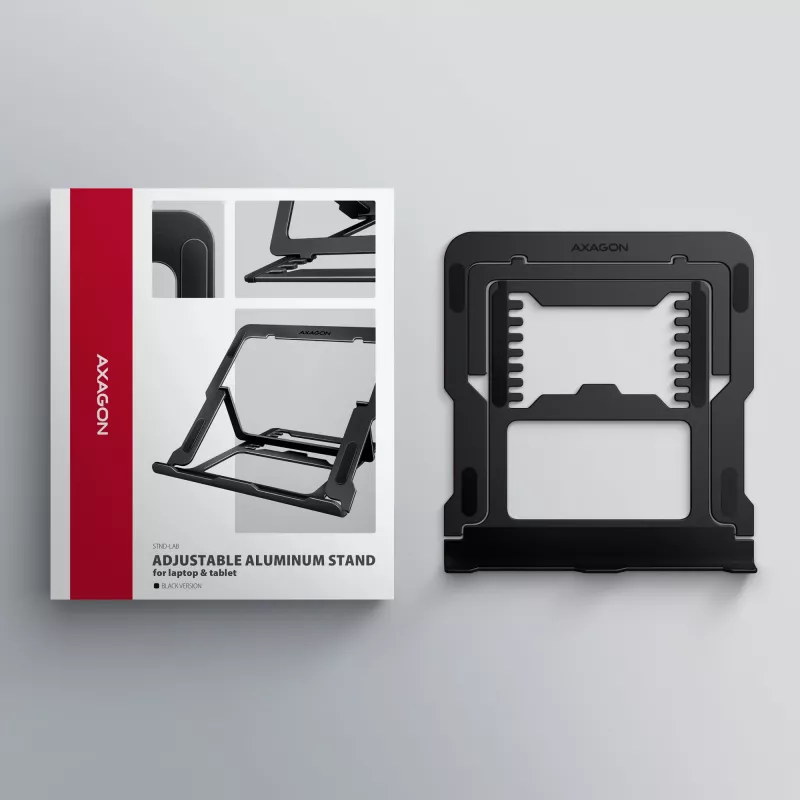 Axagon STND-LAB Aluminiowa podstawa pod laptop 10 inch–17,3 inch. Osiem regulowanych wysokości i kątów nachylenia. Wersja czarna.