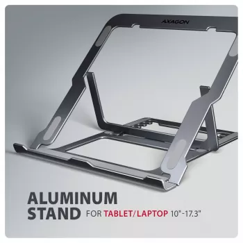 Axagon STND-LAG Stojak aluminiowy na laptopa 10 inch–17,3 inch. Osiem stopni regulacji wysokości i kąta. Wersja szara.
