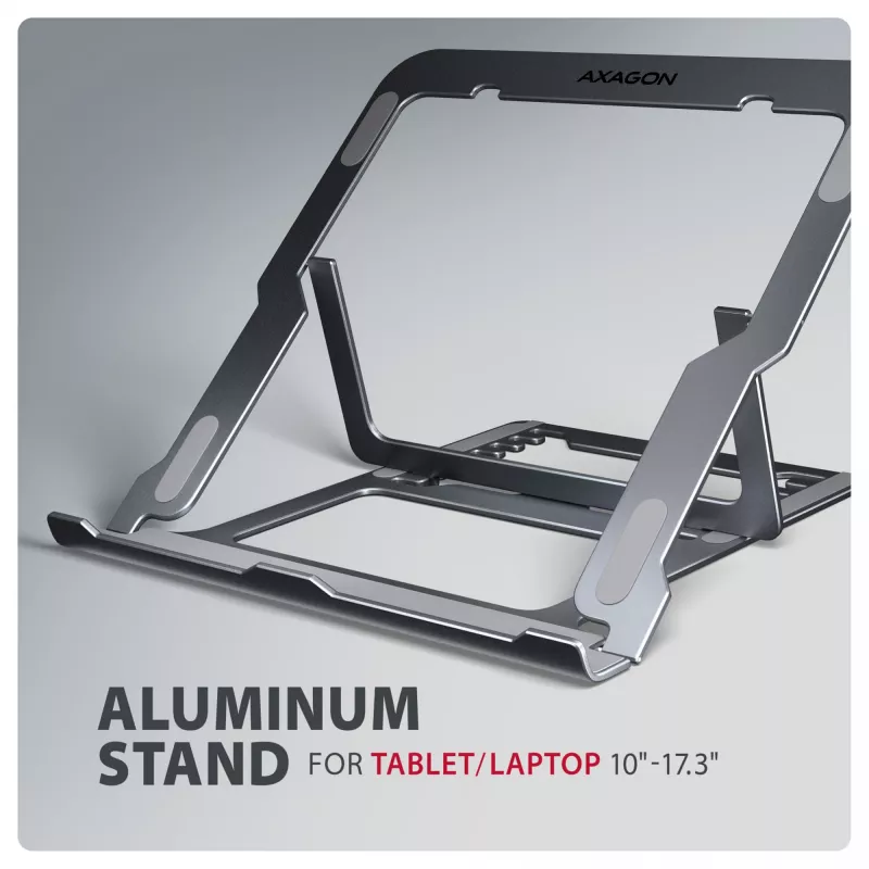 Axagon STND-LAG Stojak aluminiowy na laptopa 10 inch–17,3 inch. Osiem stopni regulacji wysokości i kąta. Wersja szara.