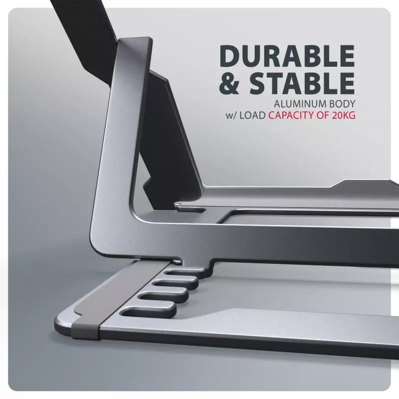 Axagon STND-LAG Stojak aluminiowy na laptopa 10 inch–17,3 inch. Osiem stopni regulacji wysokości i kąta. Wersja szara.