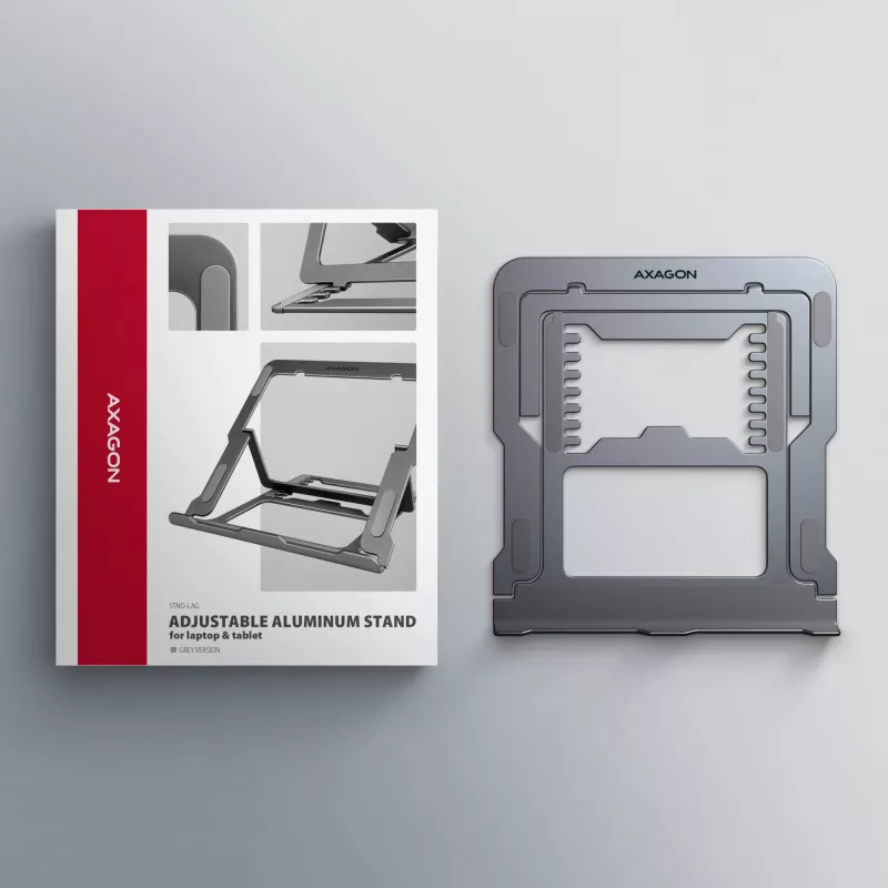 Axagon STND-LAG Stojak aluminiowy na laptopa 10 inch–17,3 inch. Osiem stopni regulacji wysokości i kąta. Wersja szara.