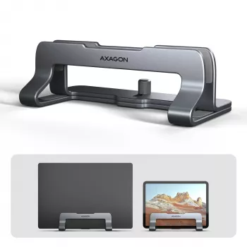 Stojak Axagon STND-VG Aluminium do pionowego wsuwania laptopów 10 inch–17.3 inch. Regulowana szerokość szczeliny 9,5–25,5 mm. Wersja szara.