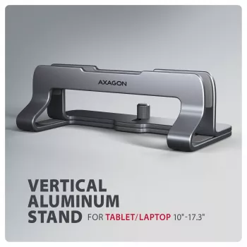 Stojak Axagon STND-VG Aluminium do pionowego wsuwania laptopów 10 inch–17.3 inch. Regulowana szerokość szczeliny 9,5–25,5 mm. Wersja szara.