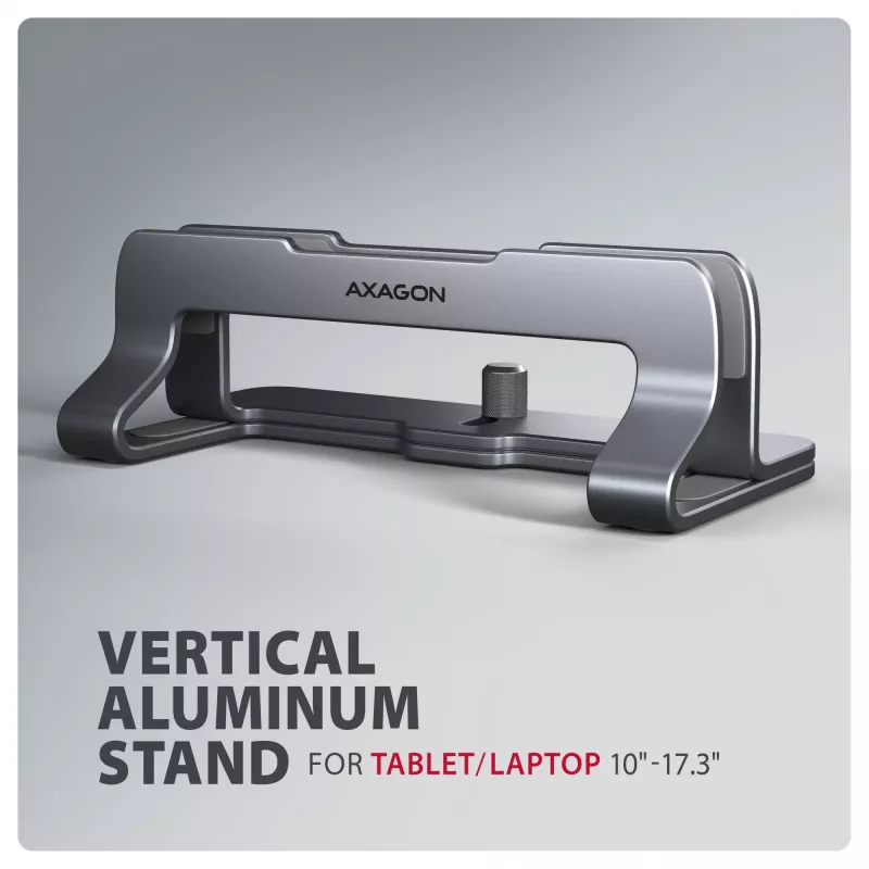 Stojak Axagon STND-VG Aluminium do pionowego wsuwania laptopów 10 inch–17.3 inch. Regulowana szerokość szczeliny 9,5–25,5 mm. Wersja szara.