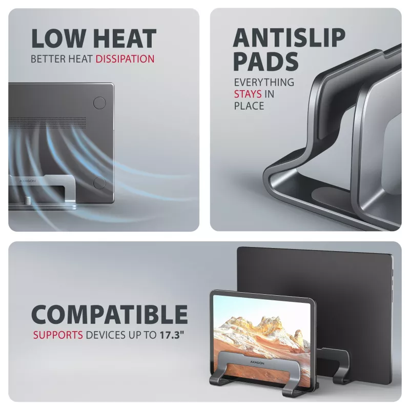 Stojak Axagon STND-VG Aluminium do pionowego wsuwania laptopów 10 inch–17.3 inch. Regulowana szerokość szczeliny 9,5–25,5 mm. Wersja szara.