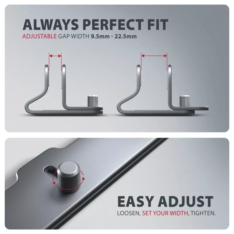 Stojak Axagon STND-VG Aluminium do pionowego wsuwania laptopów 10 inch–17.3 inch. Regulowana szerokość szczeliny 9,5–25,5 mm. Wersja szara.