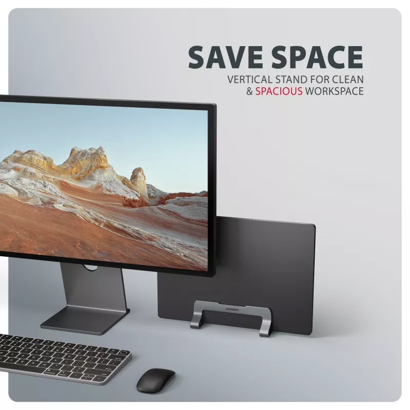 Stojak Axagon STND-VG Aluminium do pionowego wsuwania laptopów 10 inch–17.3 inch. Regulowana szerokość szczeliny 9,5–25,5 mm. Wersja szara.